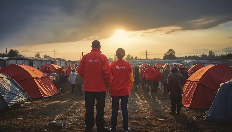 back view volunteers helping refugees