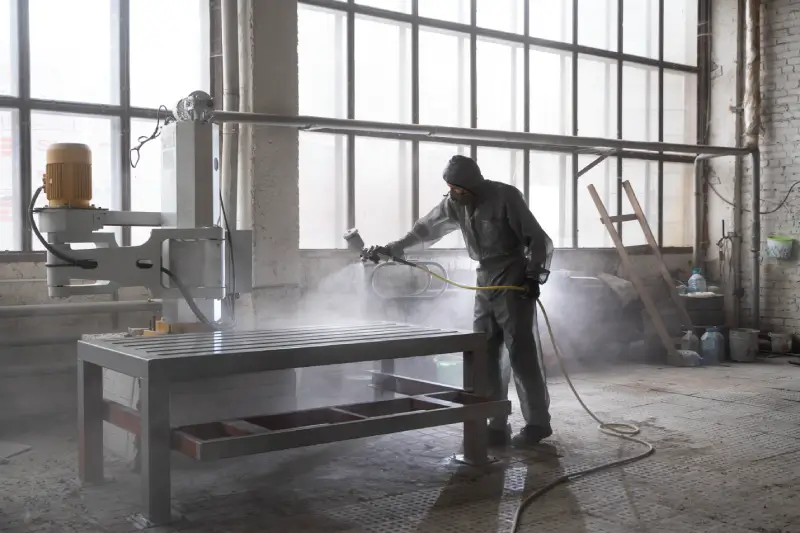 man spraying powder paint from gun full shot 2