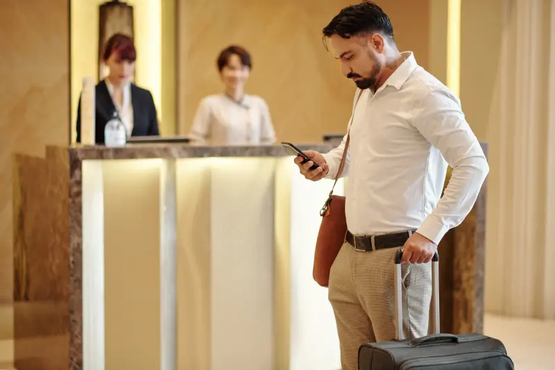 serious elegant man with suitcase standing hotel lobby checking text messages smartphone