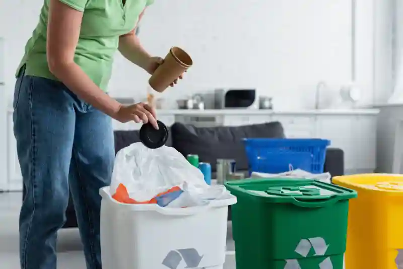 cropped view of woman holding trash near can with 2026 01 06 00 06 54 utc