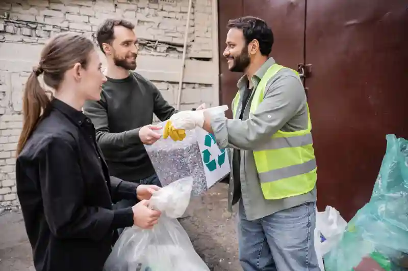 smiling volunteer giving trash bin with recycle si 2026 01 06 00 15 08 utc