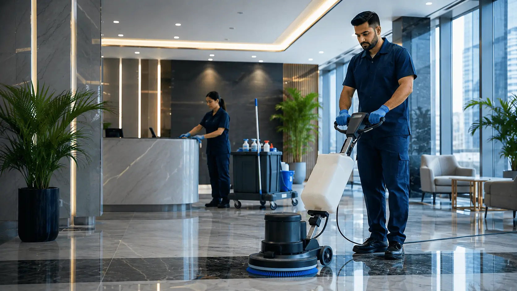 Commercial cleaners operating a floor-cleaning machine and wiping a reception desk